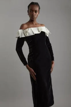 Karen Millen Petite Velvet Off The Shoulder Bodycon Woven Midi Dress With Taffeta Rosette black Best