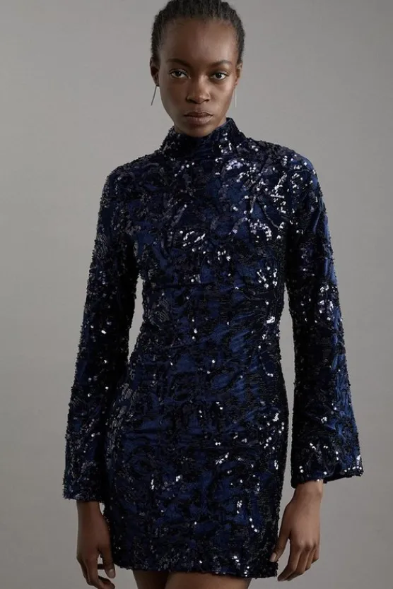 Karen Millen Petite Velvet Sequin Flare Woven Mini Dress navy New