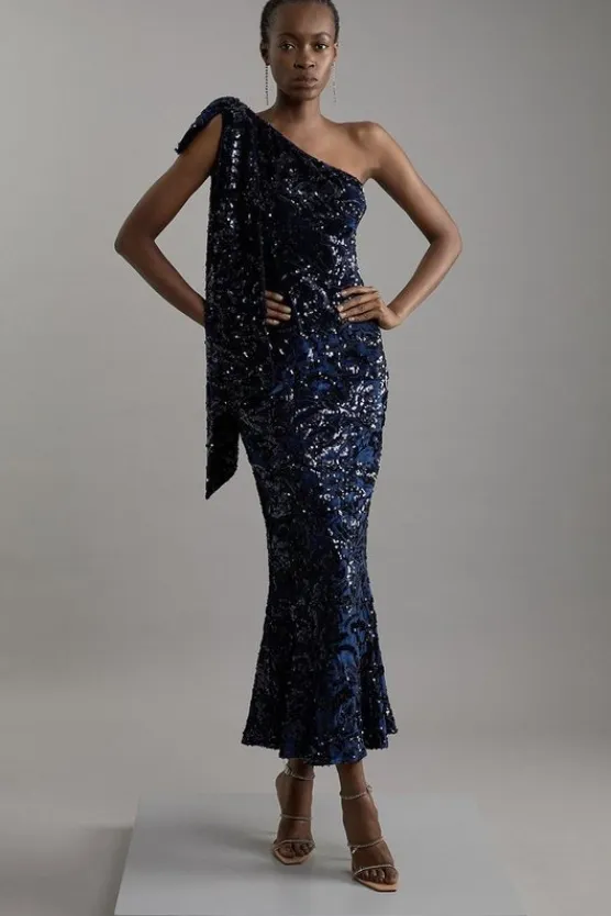 Karen Millen Petite Velvet Sequin One Shoulder Woven Maxi Dress navy Outlet