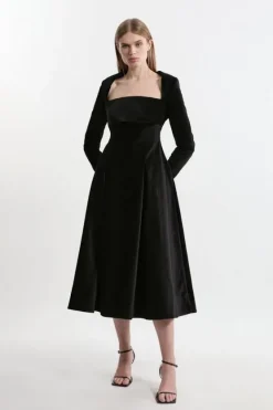 Karen Millen Petite Velvet Tailored Pleat Full Skirted Midaxi Dress black Outlet