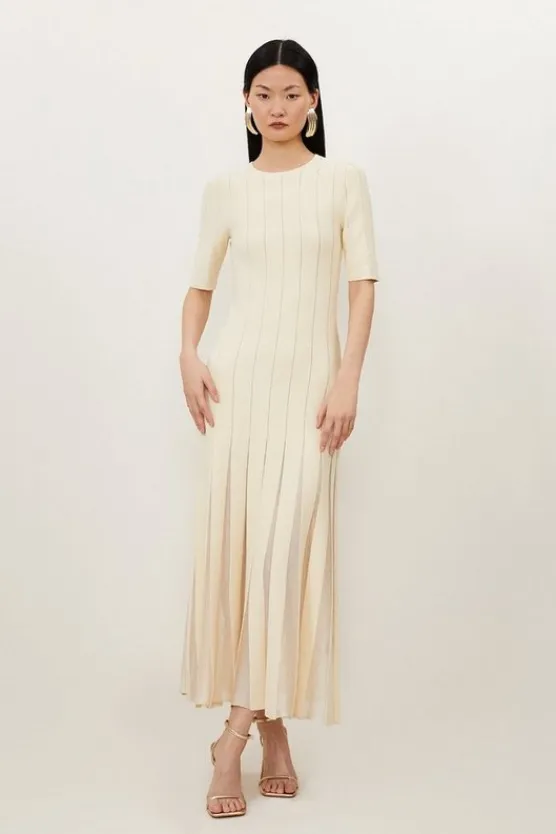 Karen Millen Petite Viscose Blend Filament Full Skirt Knit Midi Dress ivory Fashion