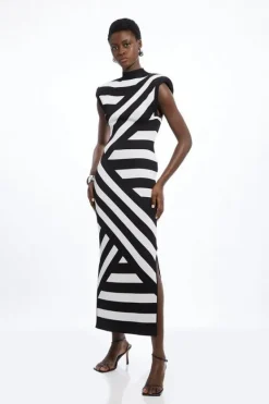 Karen Millen Petite Viscose Blend Jacquard Stripe Power Shoulder Knit Midaxi Dress mono Hot