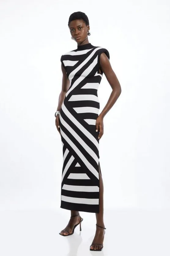 Karen Millen Petite Viscose Blend Jacquard Stripe Power Shoulder Knit Midaxi Dress mono Hot