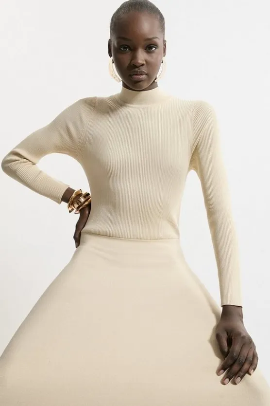Karen Millen Petite Viscose Blend Rib Knit Belted Midi Dress ivory Fashion
