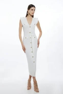 Karen Millen Petite Viscose Blend Rib Strong Shoulder Military Trim Knit Midaxi Dress cream Best