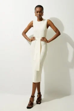 Karen Millen Petite Viscose Blend Sheer Detail Belted Knit Midi Dress ecru Clearance