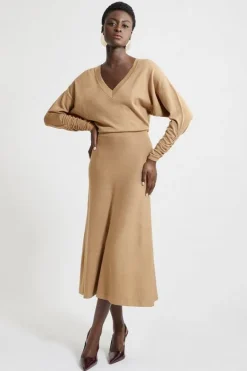 Karen Millen Petite Viscose Blend V Neck Knit Midi Dress camel Best