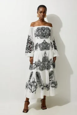 Karen Millen Petite Viscose Georgette Placed Cutwork Off The Shoulder Woven Maxi Dress mono New