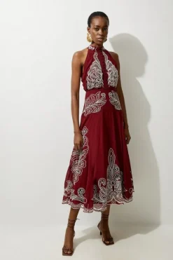 Karen Millen Petite Viscose Georgette Placed Cutwork Halter Woven Midi Dress wine Discount