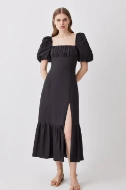 Karen Millen Petite Viscose Linen Woven Puff Sleeve Midi Dress black Hot