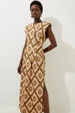 Karen Millen Petite Viscose Linen Woven Strong Shoulder Midi Dress geo Online
