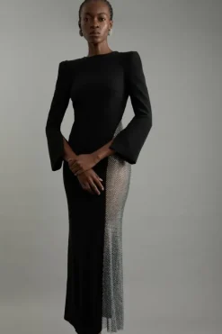 Karen Millen Petite Viscose Panelled Crystal Mesh Maxi Dress black Online