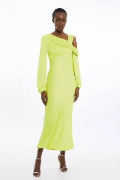 Karen Millen Petite Viscose Satin One Shoulder Draped Midi Dress lime Discount