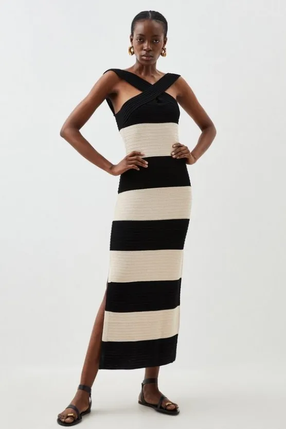 Karen Millen Petite Viscose Striped Cross Front Knit Midi Dress mono Clearance