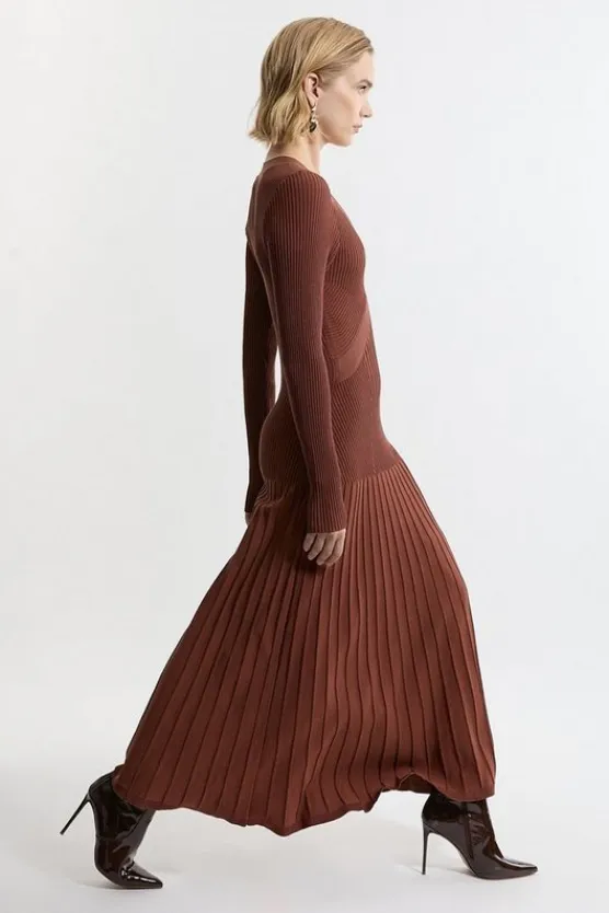 Karen Millen Petite V Neck Elevated Rib Knit Full Skirt Midi Dress toffee Clearance