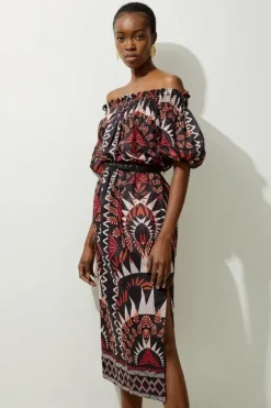Karen Millen Petite Voile Mirrored Batik Belted Off The Shoulder Midaxi Dress black Sale