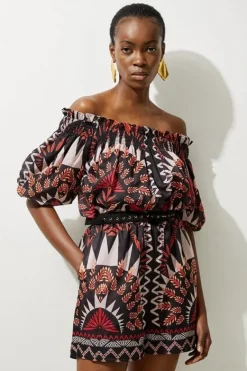 Karen Millen Petite Voile Mirrored Batik Off The Shoulder Woven Romper black Discount
