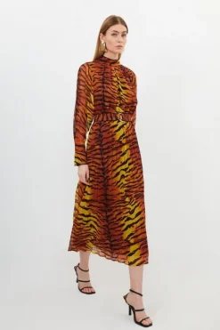 Karen Millen Petite Wild Tiger Printed Georgette Woven Midi Dress orange Discount