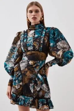 Karen Millen Petite Winter Printed Woven Mini Dress floral Clearance