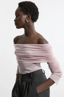 Karen Millen Petite Wool Blend Ballet Off The Shoulder Knit Top mauve Outlet