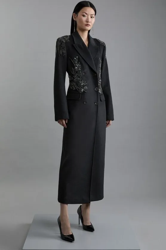 Karen Millen Petite Wool Blend Crystal Embellished Double Breasted Tailored Maxi Coat black Sale