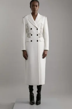Karen Millen Petite Wool Blend Crystal Embellished Double Breasted Tailored Maxi Coat ivory Clearance