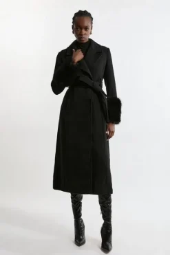 Karen Millen Petite Wool Blend Detachable Faux Fur Belted Coat black New