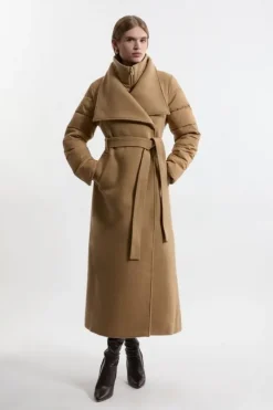 Karen Millen Petite Wool Blend Hybrid Puffer Belted Midi Coat camel Discount
