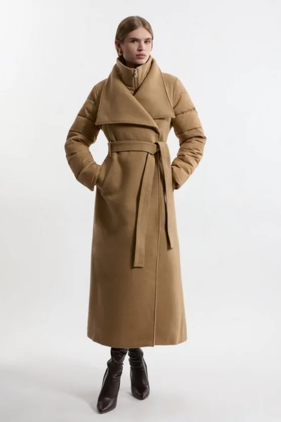 Karen Millen Petite Wool Blend Hybrid Puffer Belted Midi Coat camel Discount