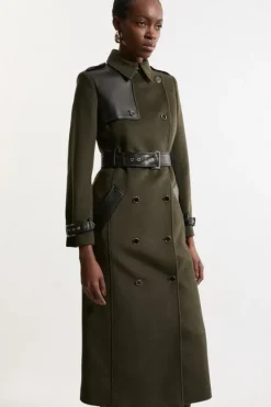Karen Millen Petite Wool Blend Pu Trim Belted Tailored Coat khaki Hot