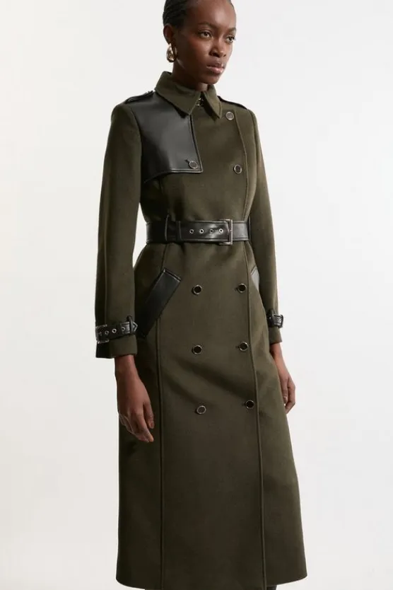 Karen Millen Petite Wool Blend Pu Trim Belted Tailored Coat khaki Hot