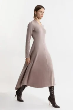 Karen Millen Petite Wool Look High Low V Neck Midaxi Knit Dress mink Hot