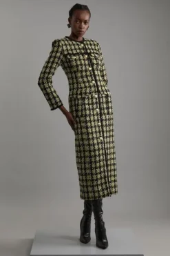 Karen Millen Petite Wool Mix Check Boucle Tailored Maxi Dress multi New