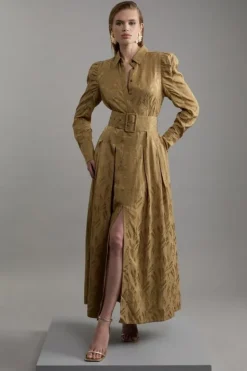Karen Millen Petite Woven Jacquard Belted Shirt Dress bronze Fashion
