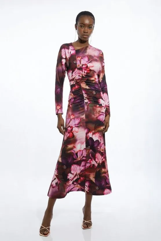 Karen Millen Photographic Printed Asymmetric Jersey Crepe Maxi Dress floral Clearance