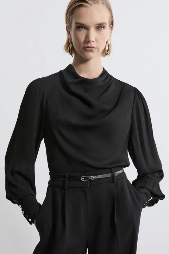 Karen Millen Pintuck Shoulder Detail Georgette Woven Blouse black Outlet