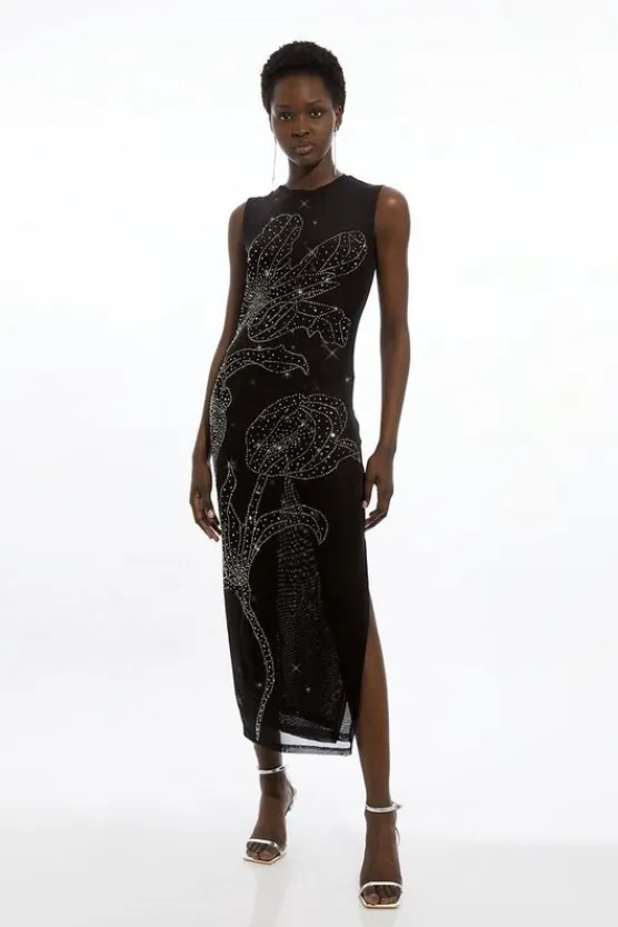 Karen Millen Placed Embellished Floral Mesh Jersey Midi Dress black New