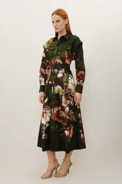 Karen Millen Placed Cotton Sateen Shirt Dress floral Hot