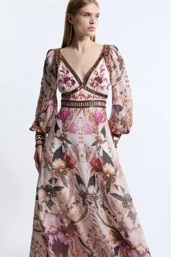 Karen Millen Placed Floral Embroidered And Beaded Woven Midi Dress multi Online