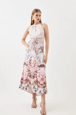 Karen Millen Placed Ruched Waterfall Woven Maxi Dress floral Hot