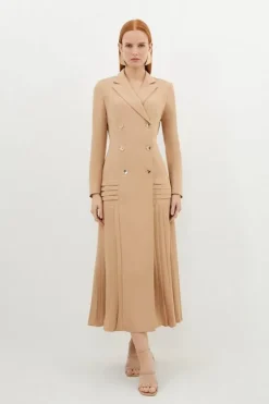 Karen Millen Pleated Button Detailed Woven Midi Dress nude Sale