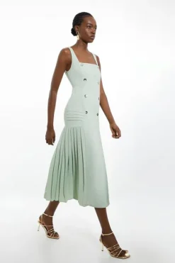 Karen Millen Pleated Button Detail Strappy Woven Midi Dress sage Hot