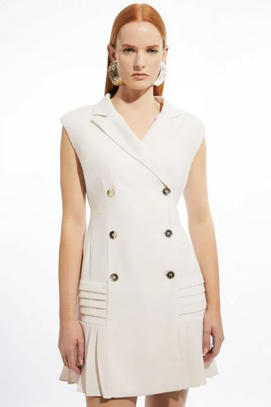 Karen Millen Pleated Button Detail Woven Sleeveless Mini Dress ivory Online