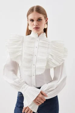 Karen Millen Pleated Ruffle Woven Shirt white Best
