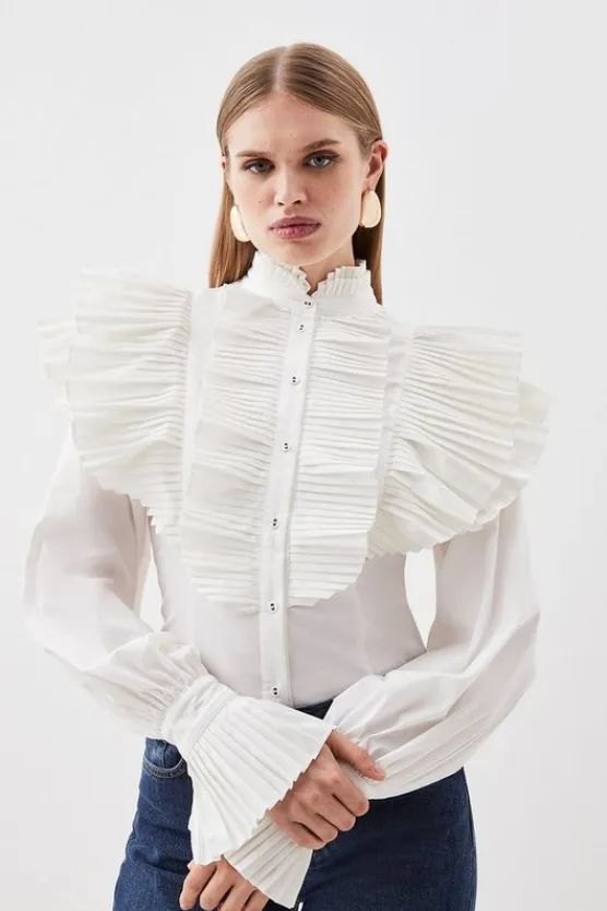 Karen Millen Pleated Ruffle Woven Shirt white Best