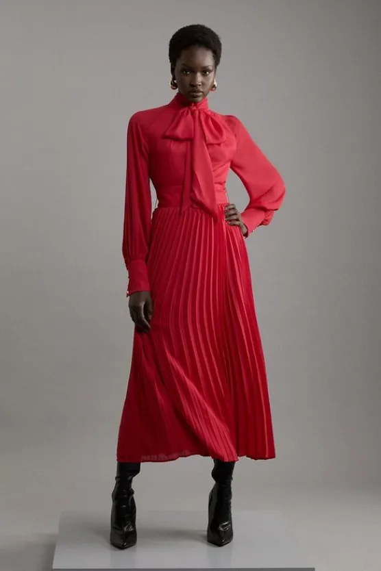 Karen Millen Pleated Tie Neck Woven Maxi Dress With Belt red Online