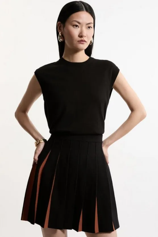 Karen Millen Pleated Wool Look Contrast Knit Mini Skirt black Discount