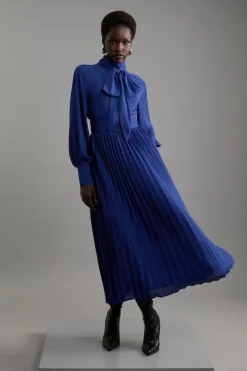 Karen Millen Pleated Woven Belted Tie Neck Midaxi Shirt Dress trueblue Discount