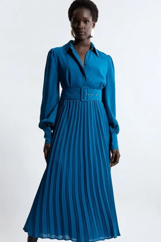 Karen Millen Pleated Woven Maxi Shirt Dress With Belt teal Clearance
