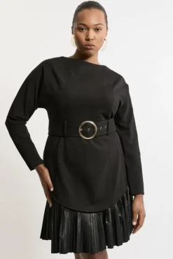 Karen Millen Plus Belted Pu And Ponte Jersey Frill Hem Mini Dress black Discount